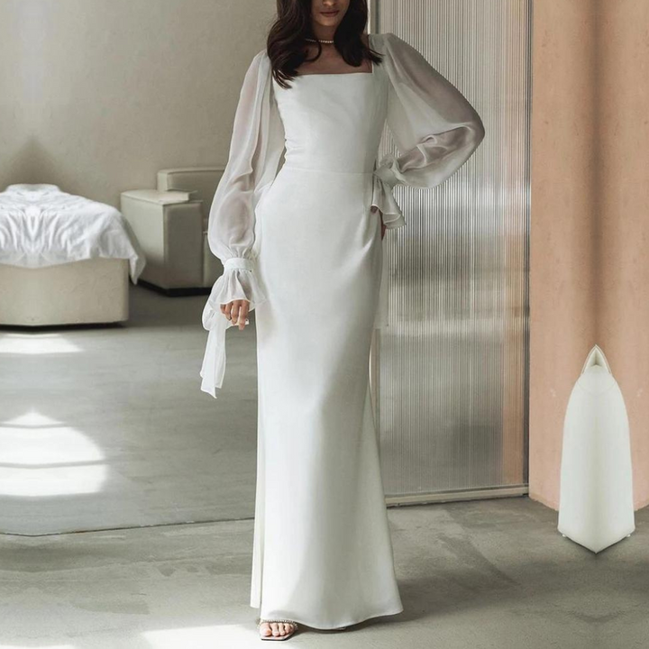 Elegant white square neck maxi dress for women, perfect for evening events or as a wedding guest.