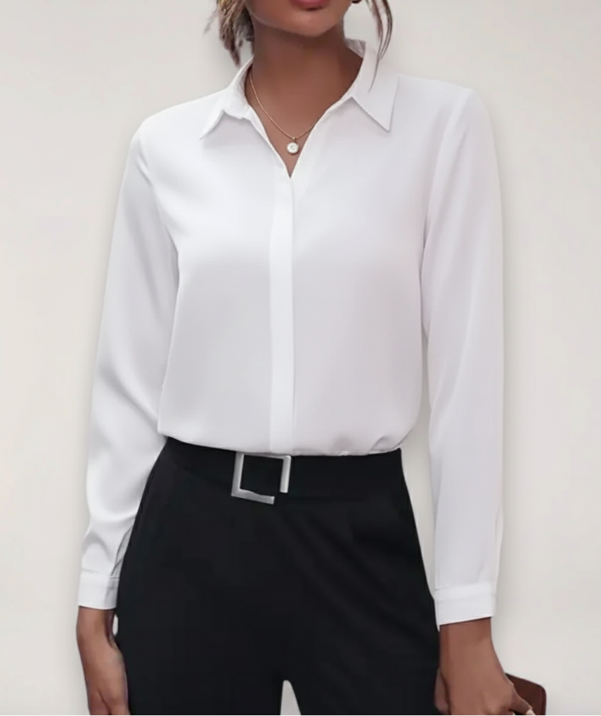 Elegant white tailored button-up work blouse for women, professional office attire