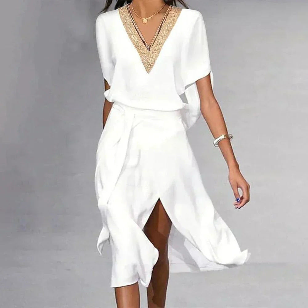 Elegant white V-neck wrap midi dress for women, ideal for versatile casual or summer fashion looks.