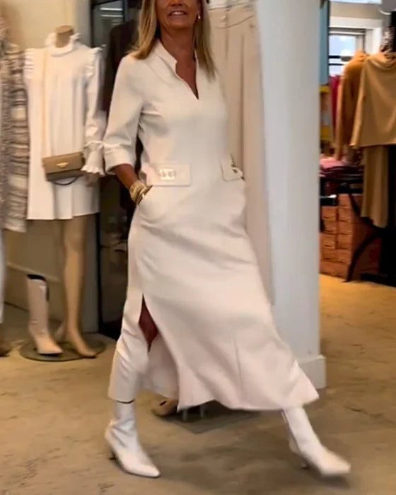 Comfortable women's spring dress in white, an elegant & flattering design for various occasions. Feminine style day-to-night.