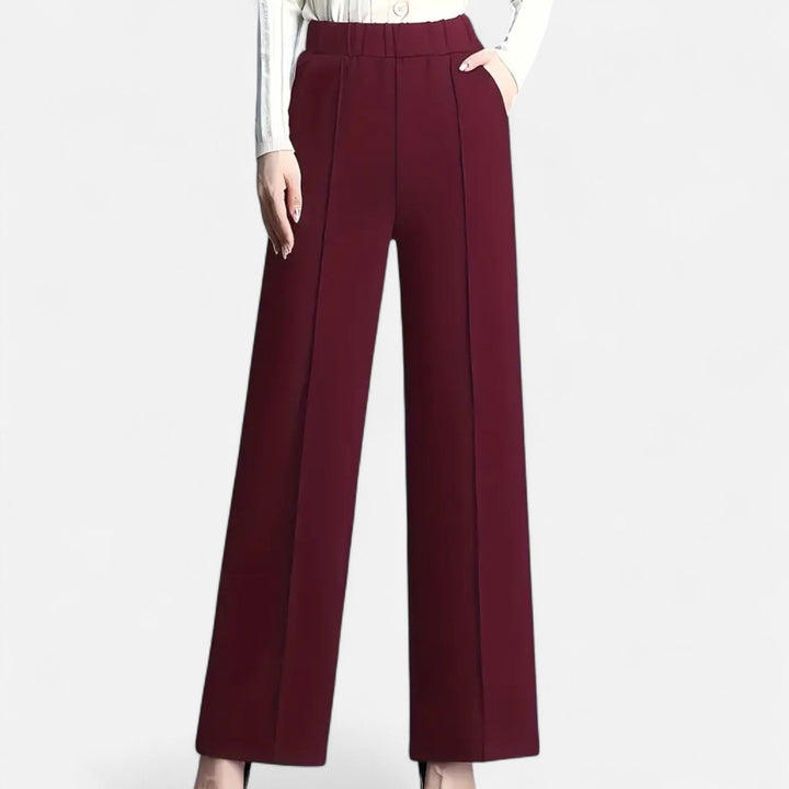 Elegant wine red women's high-waist wide-leg trousers, comfortable and chic for office or casual wear.