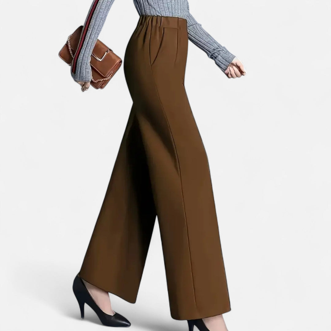 Versatile women's high-waist wide-leg trousers in black, providing a comfortable, chic, and elegant fit.