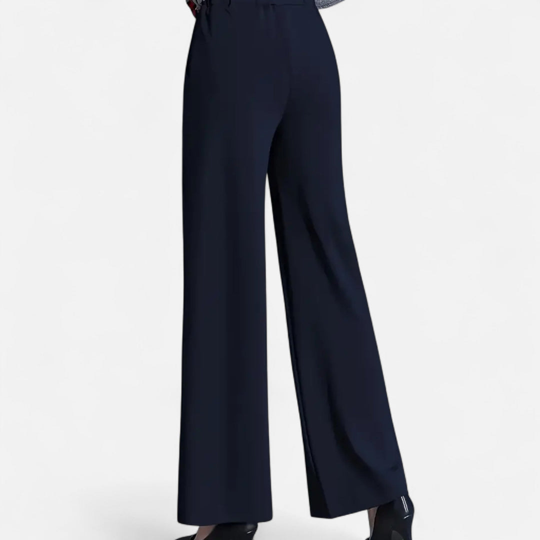 Collection of women's high-waist wide-leg trousers: black, wine red, navy, brown. Chic, comfortable, versatile.