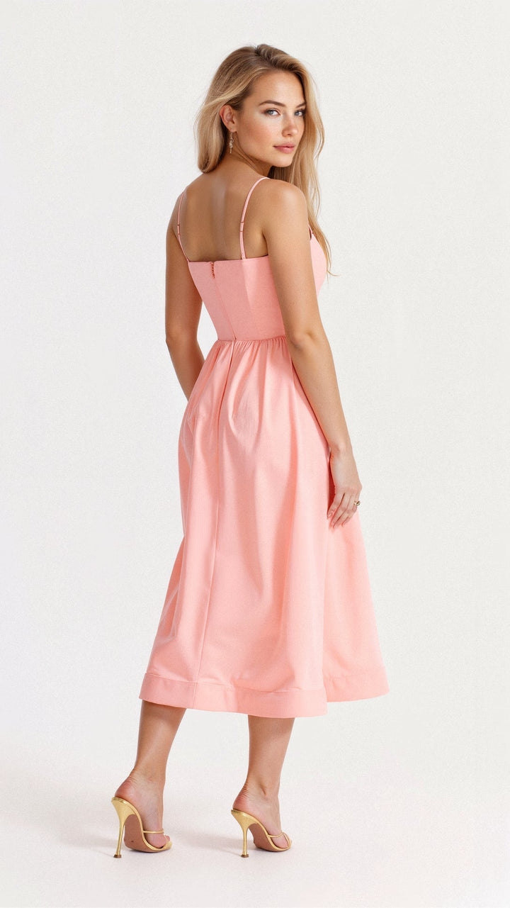 Sleeveless A-line Ascot neck midi dress designed for women's graceful summer fashion