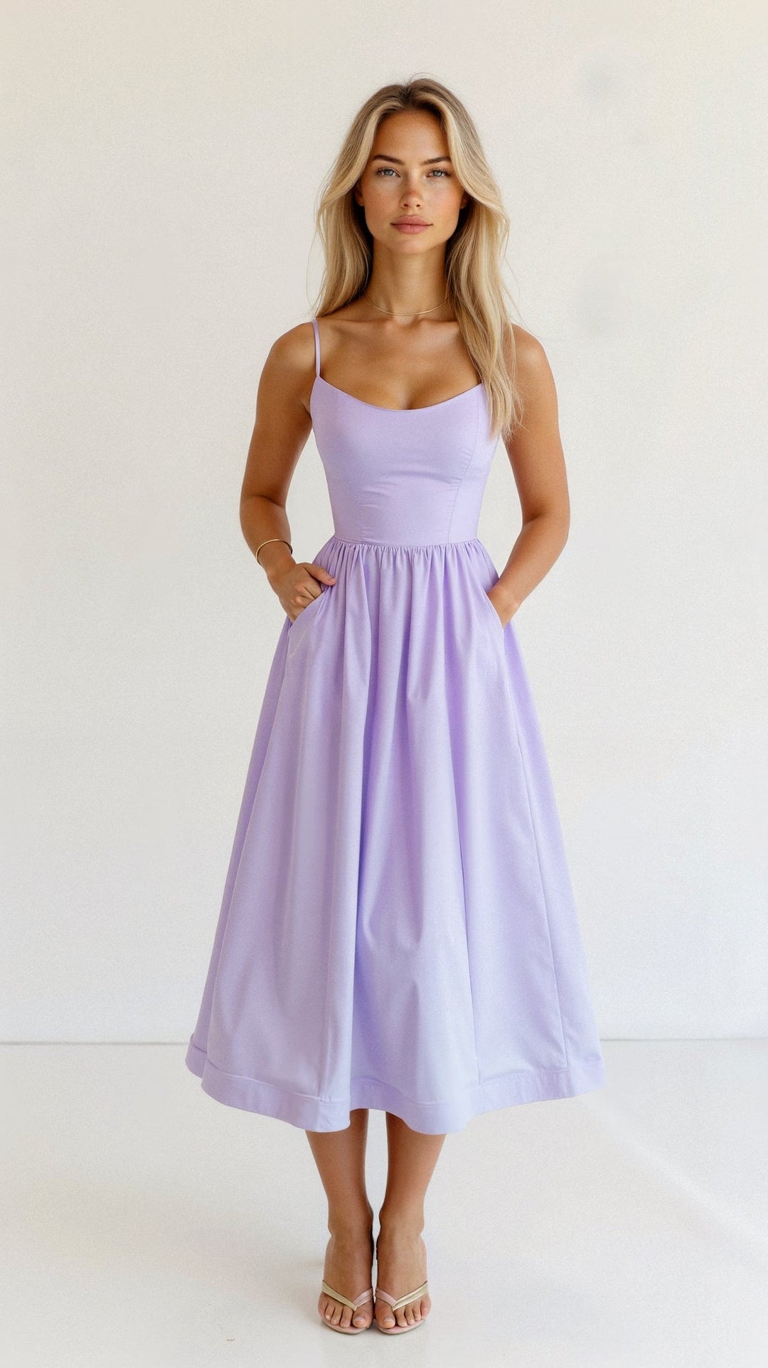An elegant women's Ascot neck A-line midi dress, perfect for any summer occasion