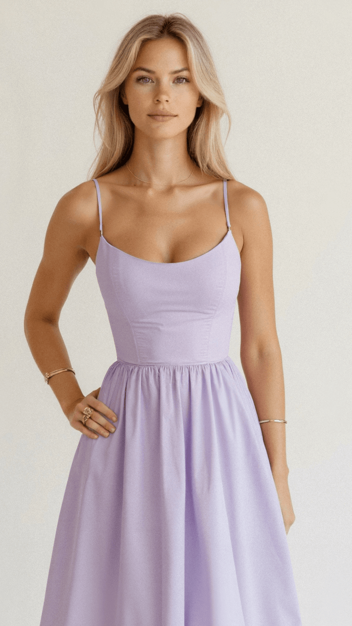 Modern A-line midi dress with Ascot neck, offering sophisticated style for women's summer wardrobe