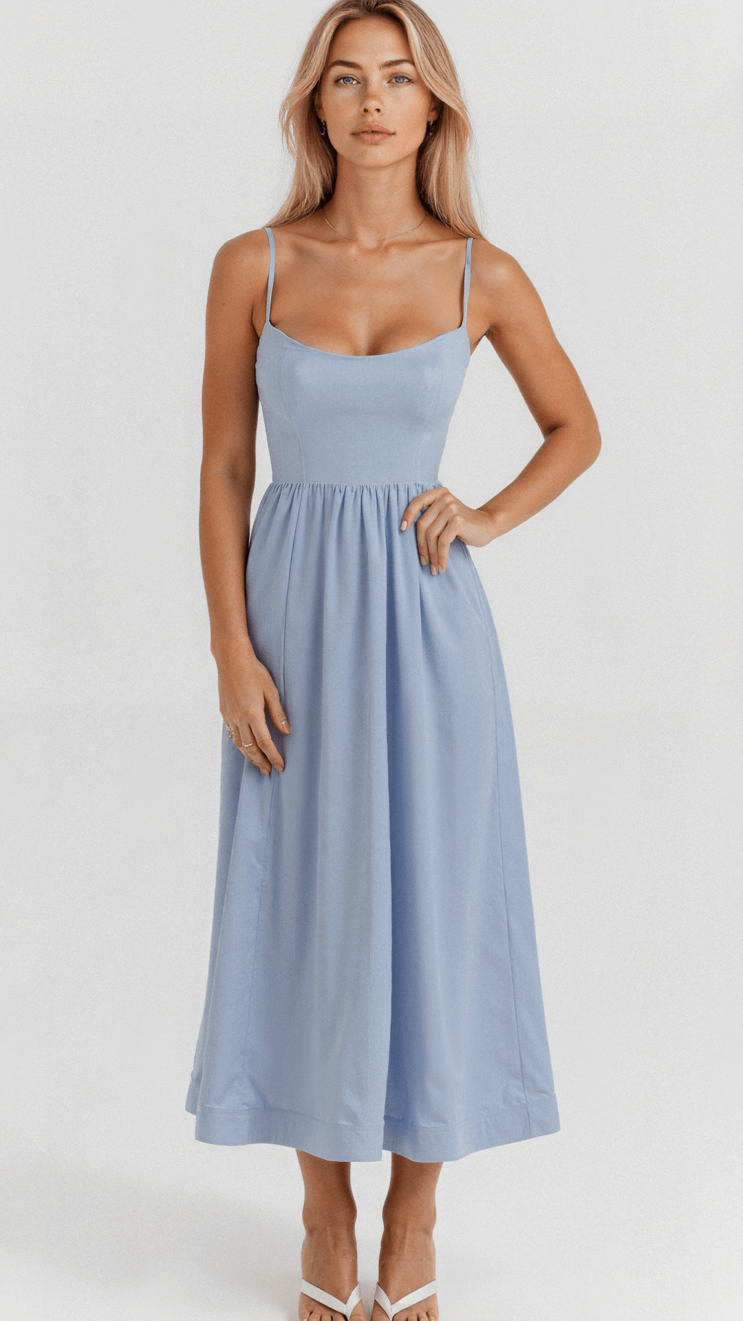 Chic women's Ascot neck A-line midi dress, versatile for elegant summer events and casual wear