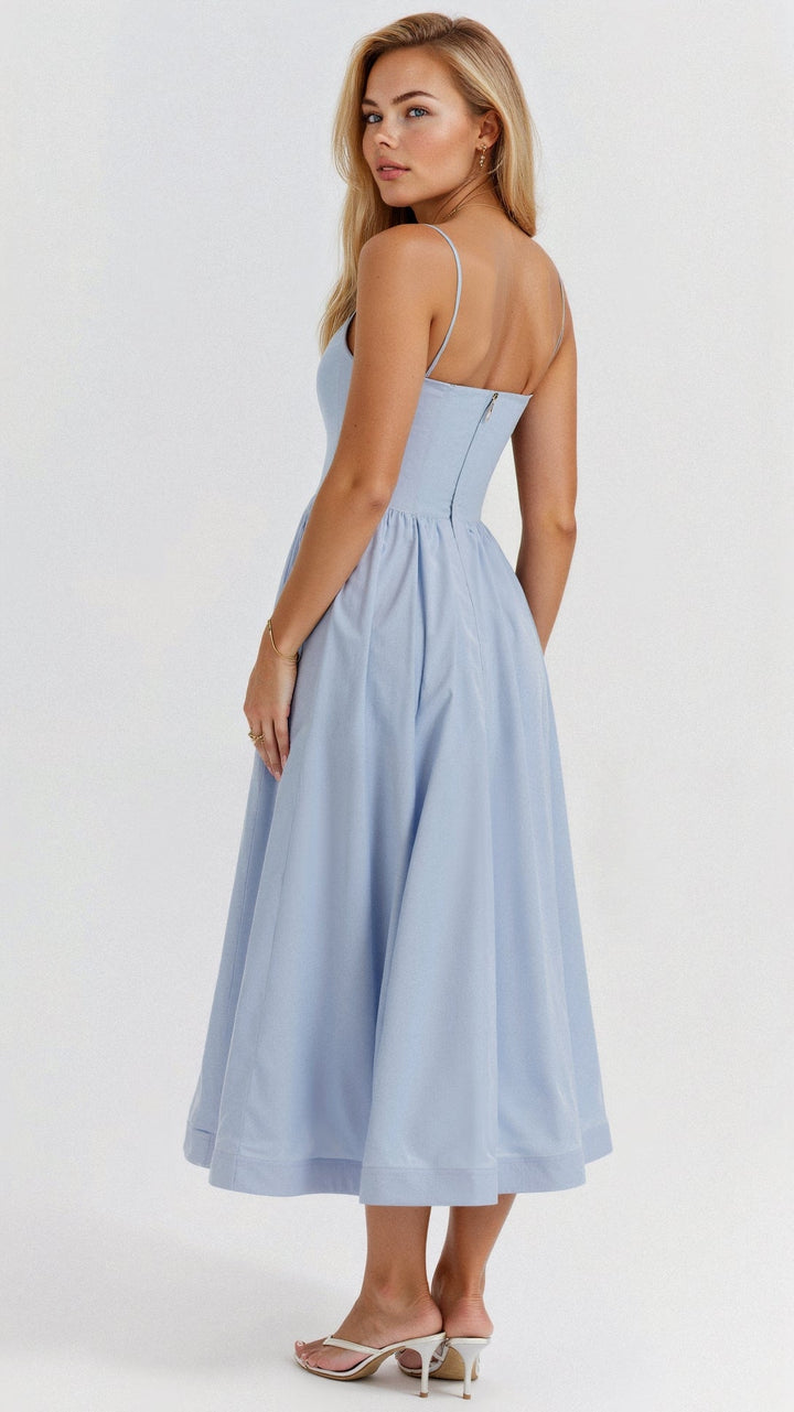 Occasion-ready A-line midi dress with Ascot neck, exuding summer elegance for women