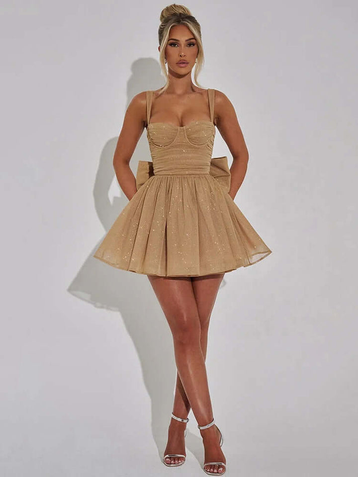Elegant sleeveless women's A-line dress for parties, featuring a unique bow detail. Versatile evening wear.