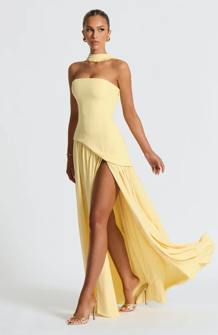 Elegant women's asymmetric maxi dress in a flowing silhouette, perfect for wedding guests and formal evenings.