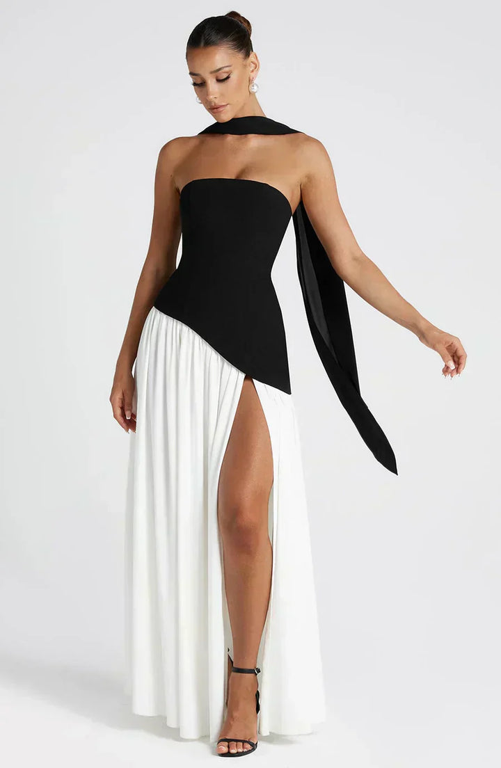 Sophisticated women's evening dress, an asymmetric maxi style, offering a chic and comfortable fit for formal occasions.