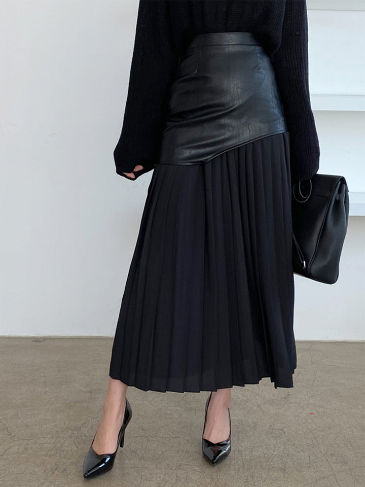 Full-length view of a women's elegant asymmetrical pleated midi skirt, suitable for various occasions.