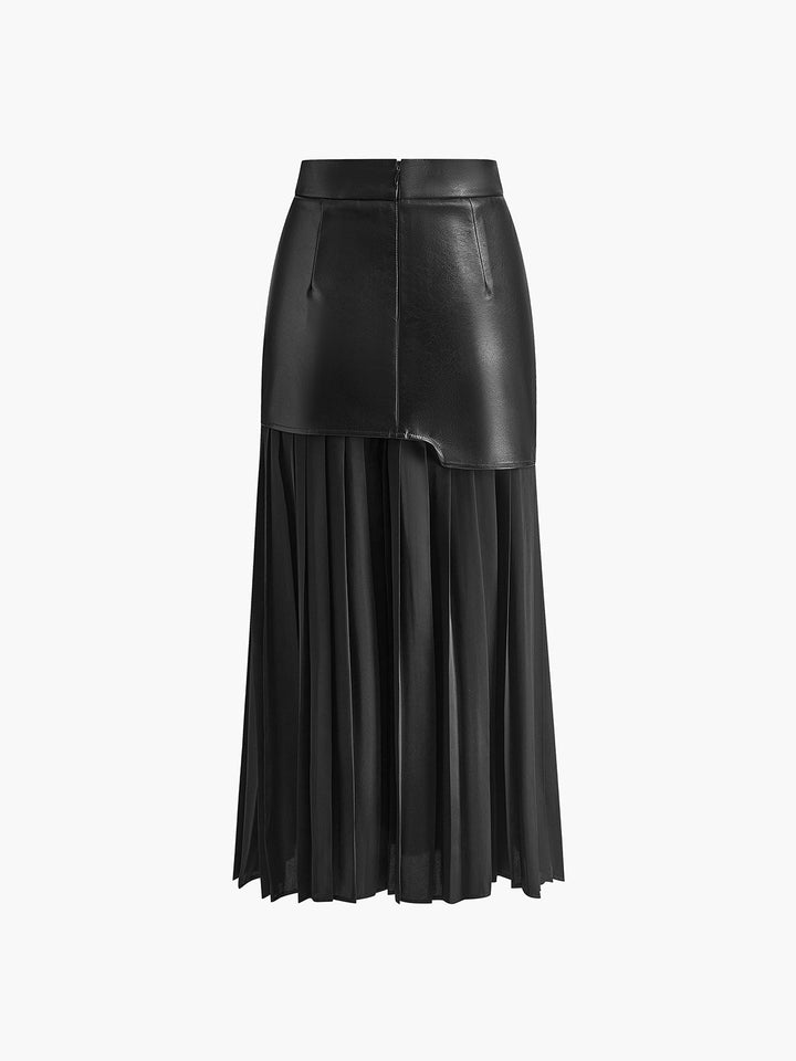Studio shot of a women's high-waisted asymmetrical pleated midi skirt, emphasizing its silhouette.