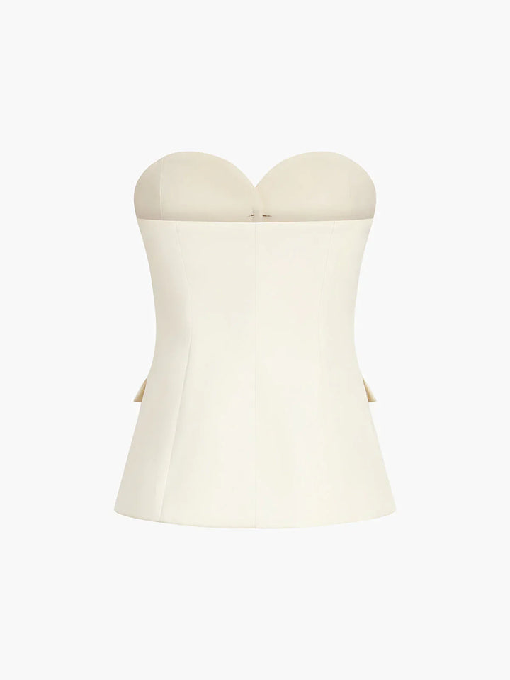 Sophisticated women's beige corset style two-piece set with a flattering high-waist and wide-leg trousers.