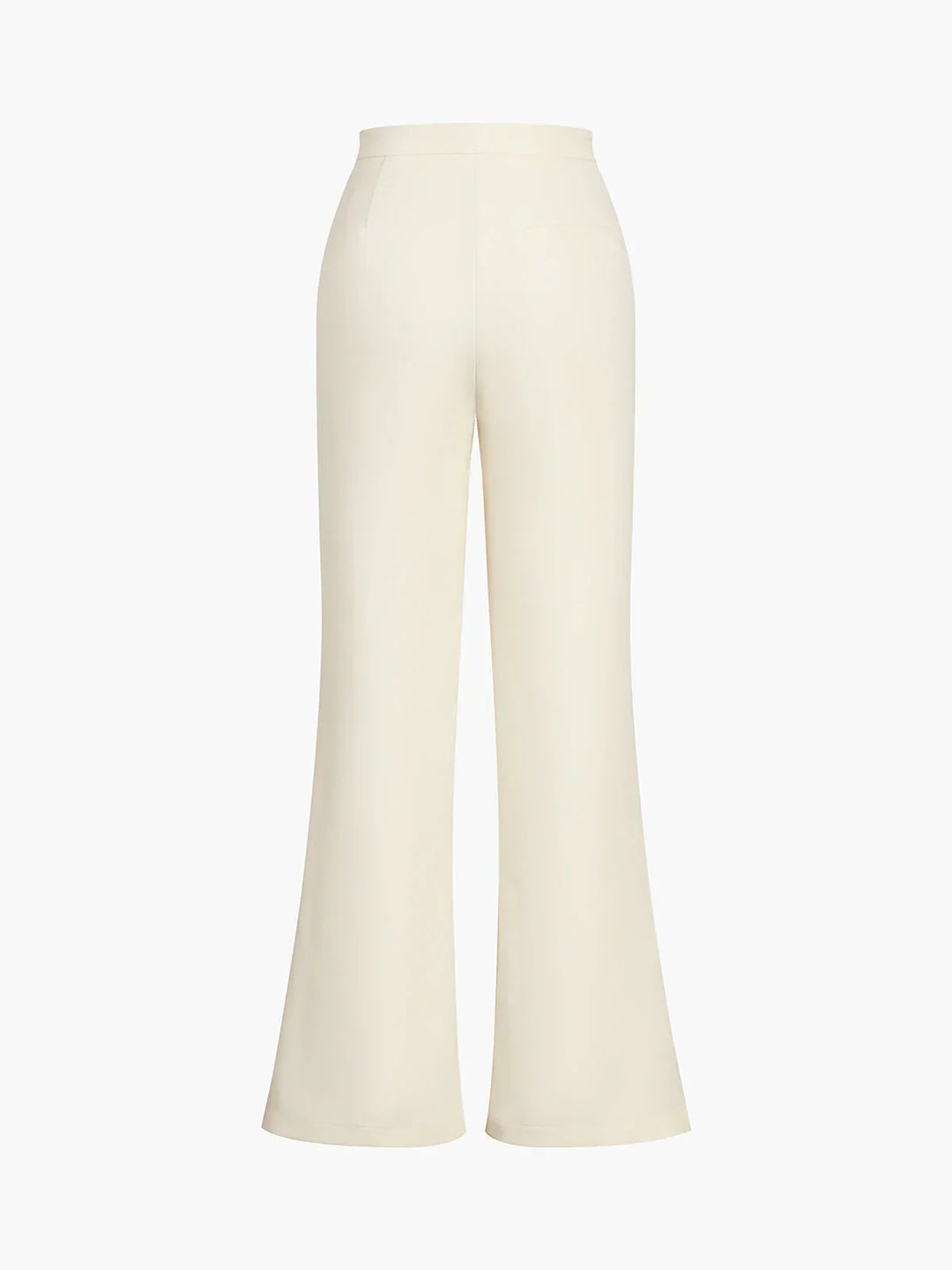 Stylish women's beige two-piece outfit: corset style top paired with high-waist wide-leg pants. Fashionable set.