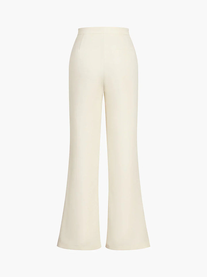 Stylish women's beige two-piece outfit: corset style top paired with high-waist wide-leg pants. Fashionable set.