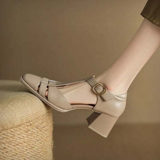 Elegant women's beige square toe T-strap block heel sandals, perfect for summer casual or dressy wear.