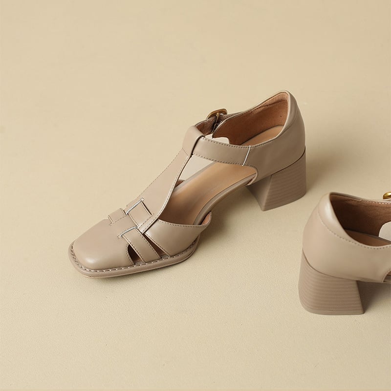 Close-up of a women's square toe T-strap block heel sandal in a neutral tone, highlighting the elegant design.