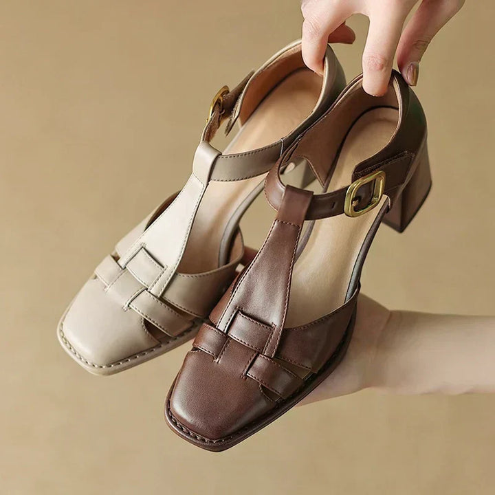 Fashionable women's summer sandals: square toe T-strap with a comfortable block heel, available in versatile colors.