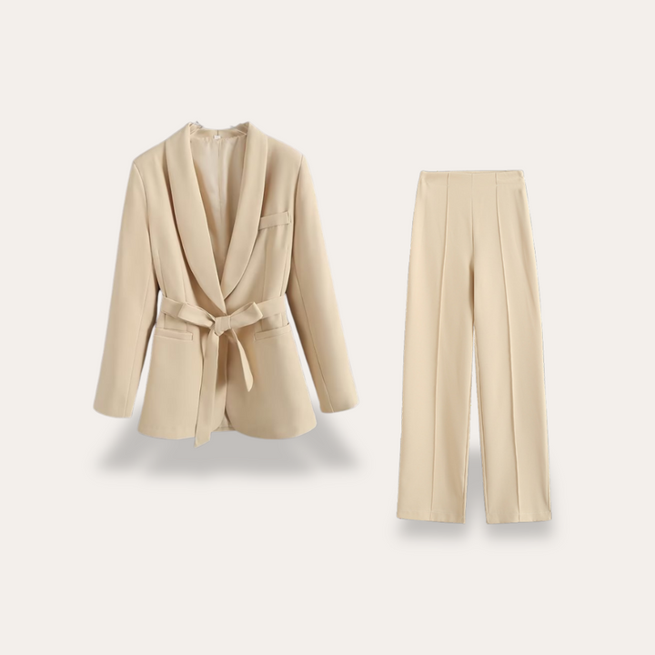 Stylish women's two-piece suit: a long-sleeved belted blazer and high-waisted wide leg trousers.