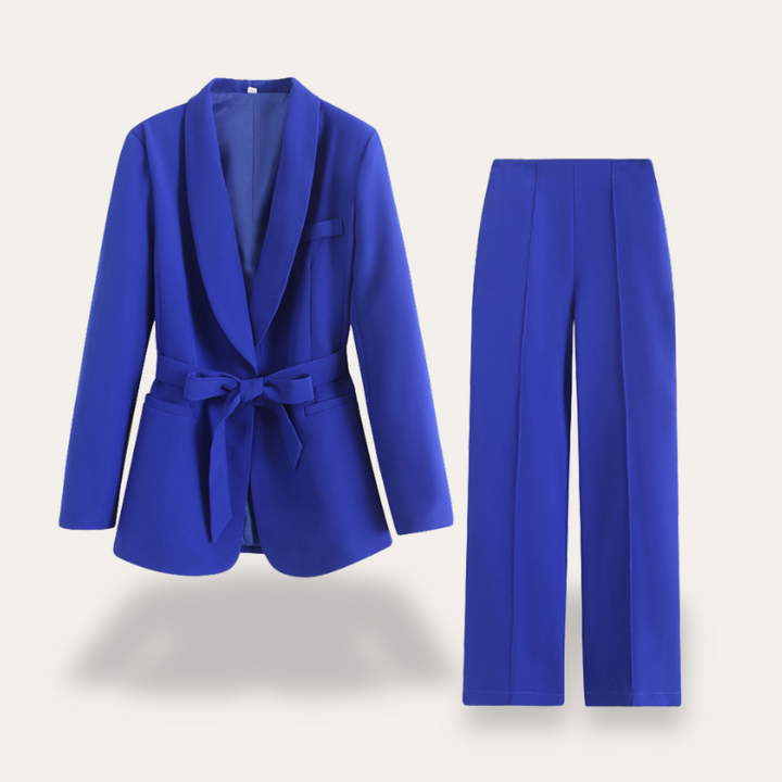 Front view of a women's matching blazer and wide leg pants set, showcasing a chic summer style.