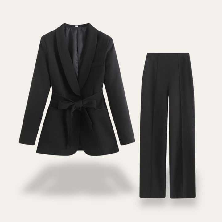 Sophisticated ladies' belted blazer and wide leg trousers set, ideal for elegant attire and office wear.