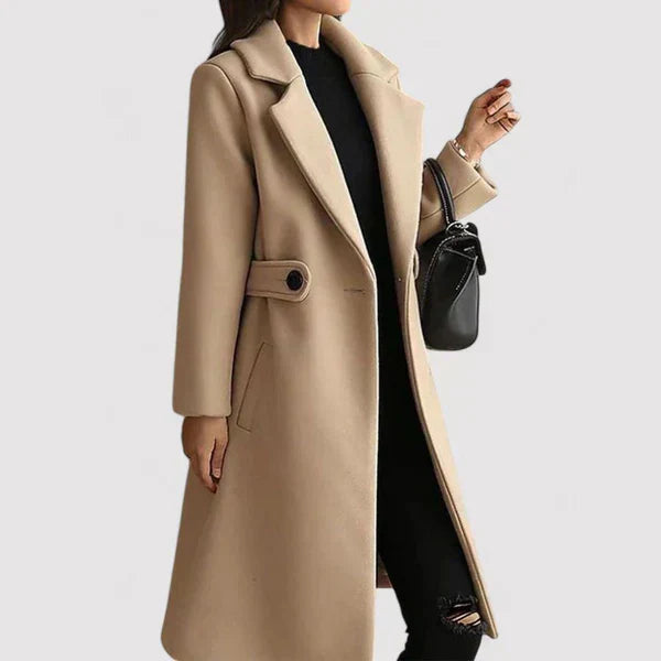 Chic women's tailored long black wool blend coat with belt detail, ideal for elegant outerwear.