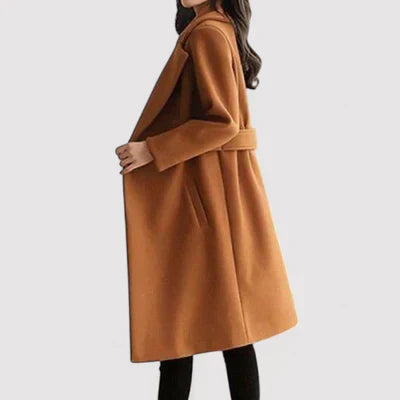 Sophisticated women's black wool blend coat with a flattering belt, adding elegance to any outfit.