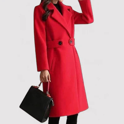 Tailored women's outerwear: a chic wool blend long coat with a stylish belt for winter fashion.