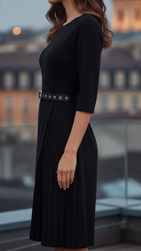 Women's spring black long sleeve midi dress with a belt, showcasing an elegant and casual design.