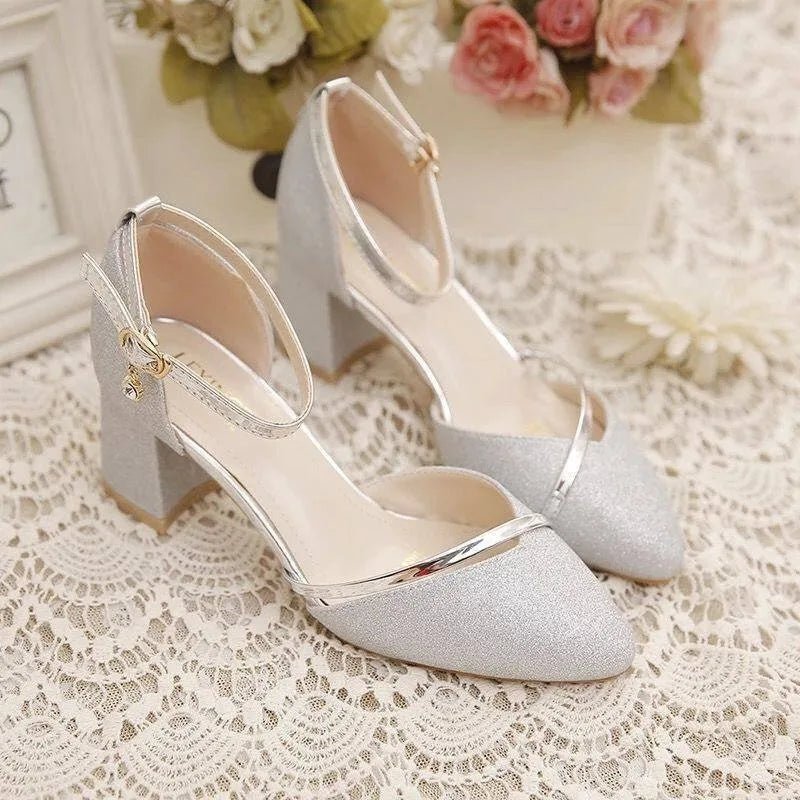 Chic silver block heel ankle strap dress shoes for women, offering comfort and style.