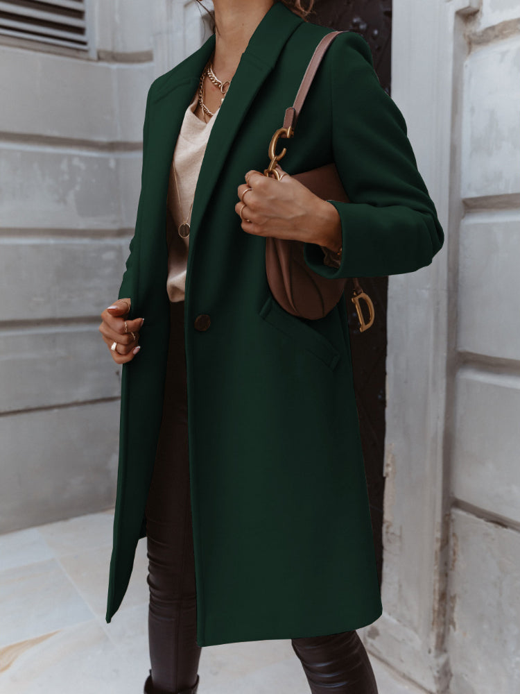 Professional women's formal coat with a button-front closure, versatile for any elegant ensemble.