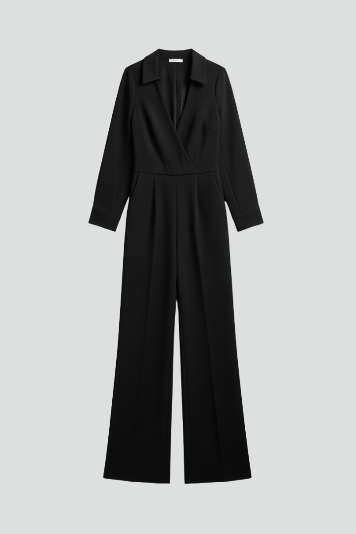Elegant women's black collared wide-leg tailored jumpsuit, front view, perfect for formal occasions.