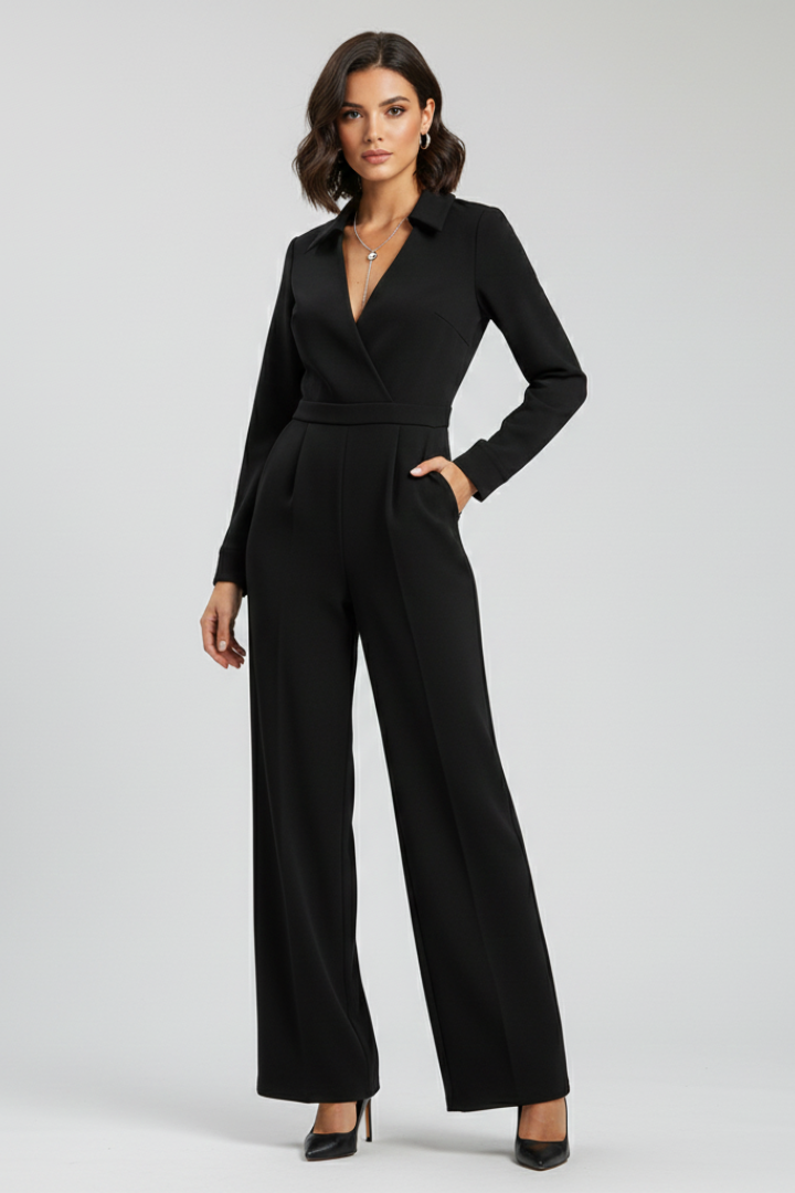 Stylish burgundy collared wide-leg tailored jumpsuit for women, side view, highlighting the elegant cut.