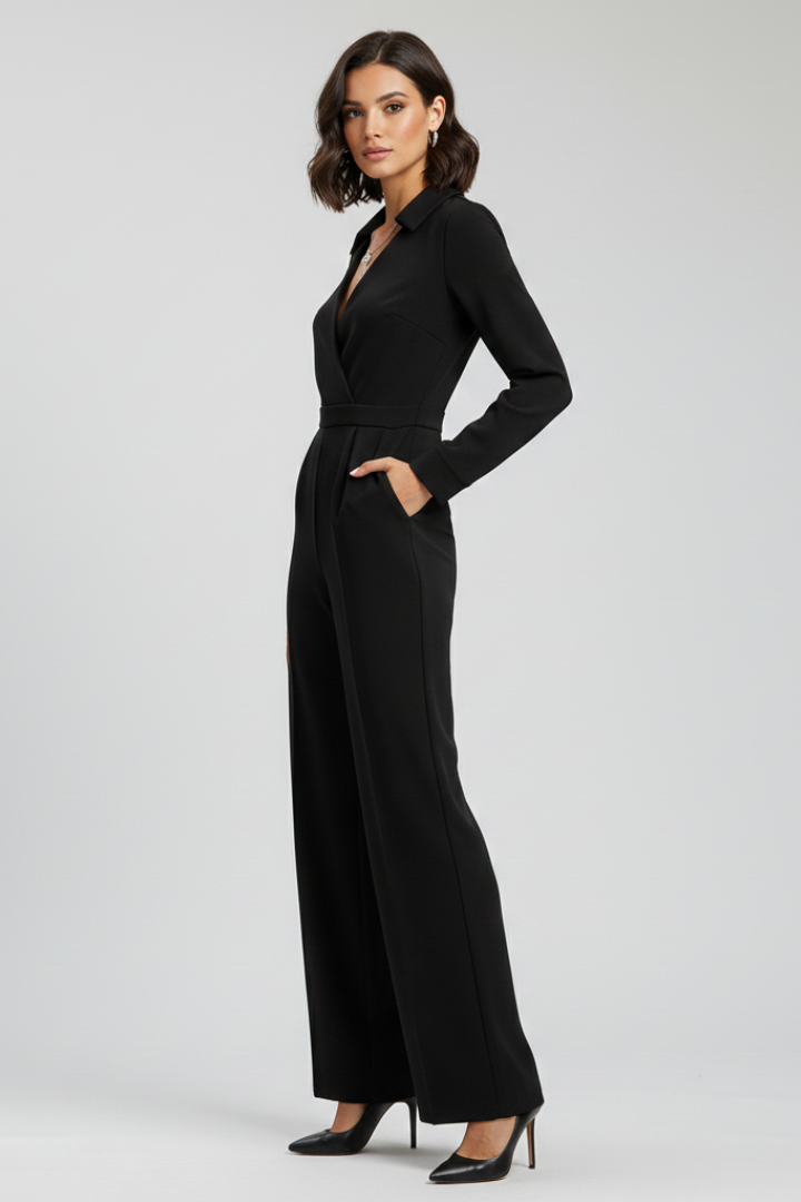 Sophisticated women's green collared wide-leg tailored jumpsuit, back view, showcasing the fitted waist.