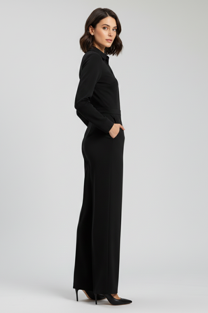 White tailored collared wide-leg jumpsuit for women, a chic formal option, full length photo.