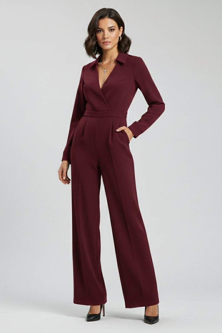 Women's formal black jumpsuit with a wide-leg and tailored fit, suitable for evening wear.