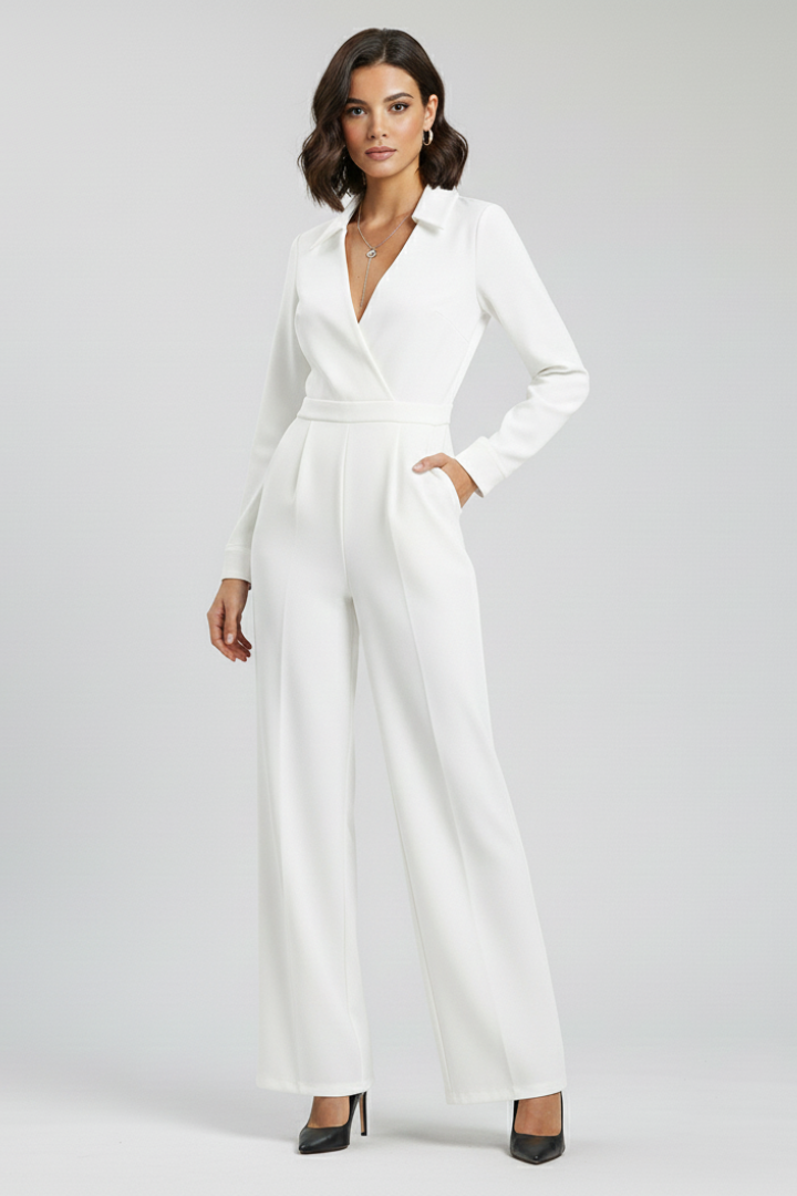 Burgundy collared wide-leg tailored jumpsuit, women's fashion, ideal for professional or formal events.