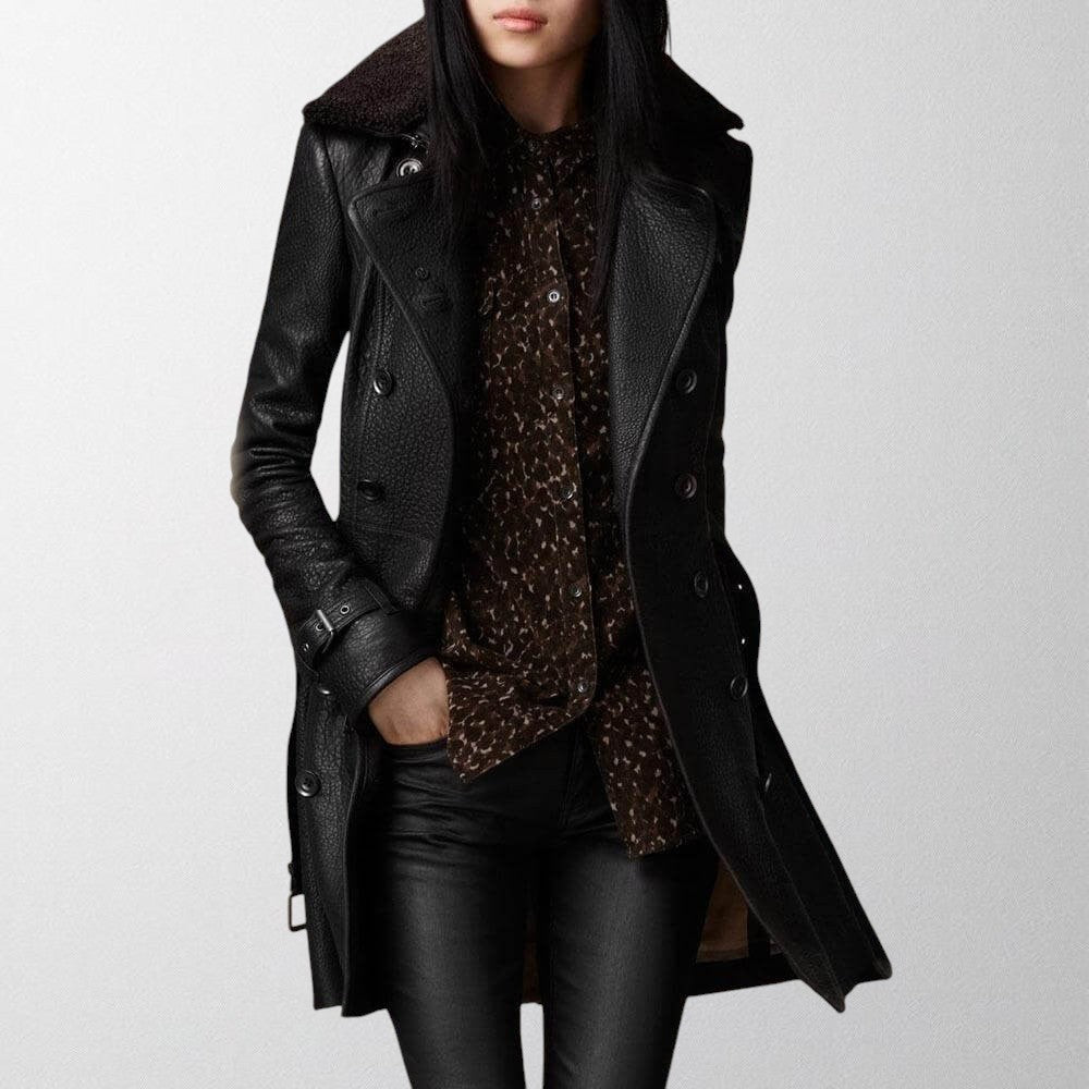Elegant women's black faux leather long trench coat, a stylish and classic piece for winter fashion
