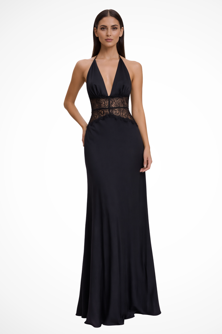 Elegant women's black halter neck backless maxi dress, perfect for evening events & formal occasions.