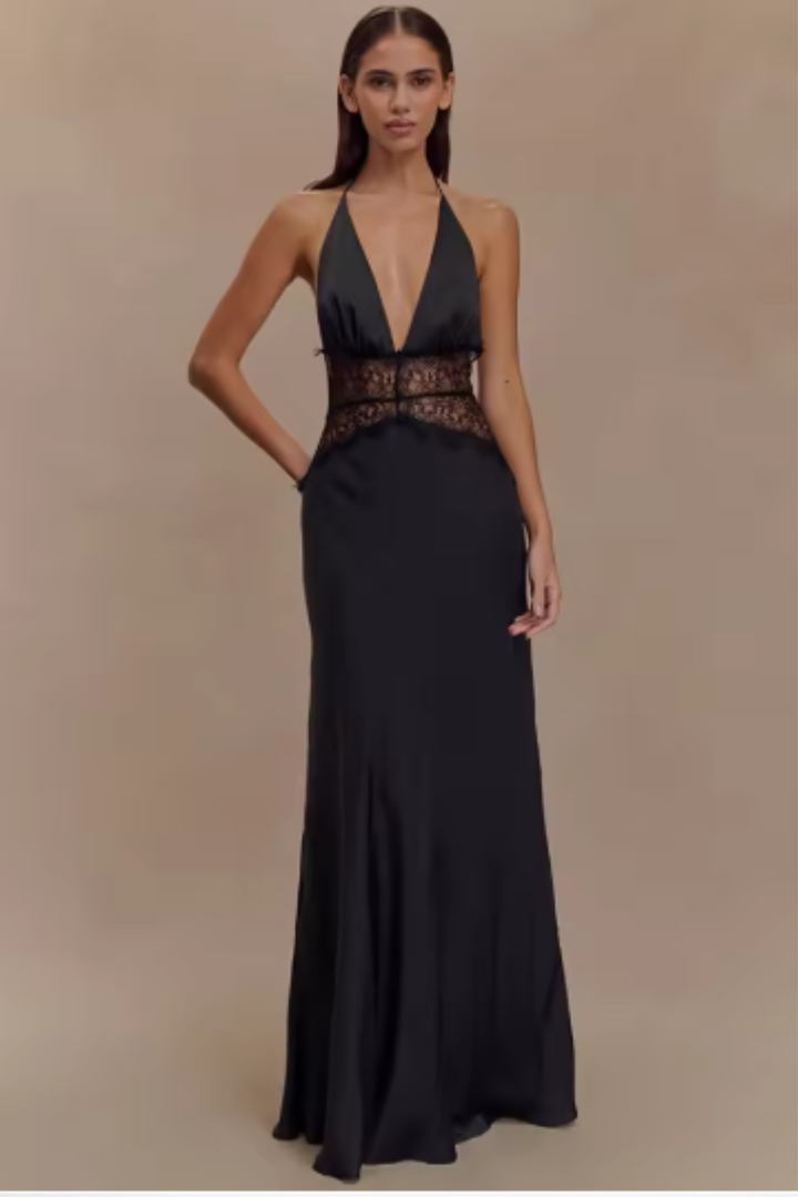 Stunning blue halter neck backless maxi dress for women, ideal as a wedding guest outfit or party dress.
