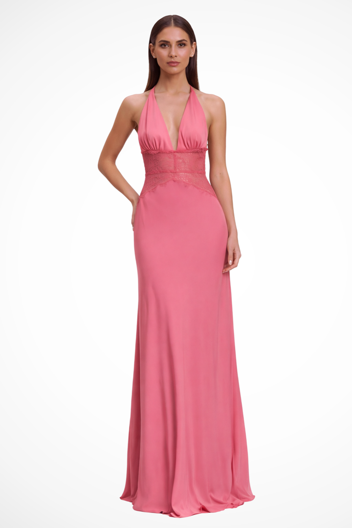 Flowing elegant black maxi dress with a sophisticated halter neck and alluring backless design.