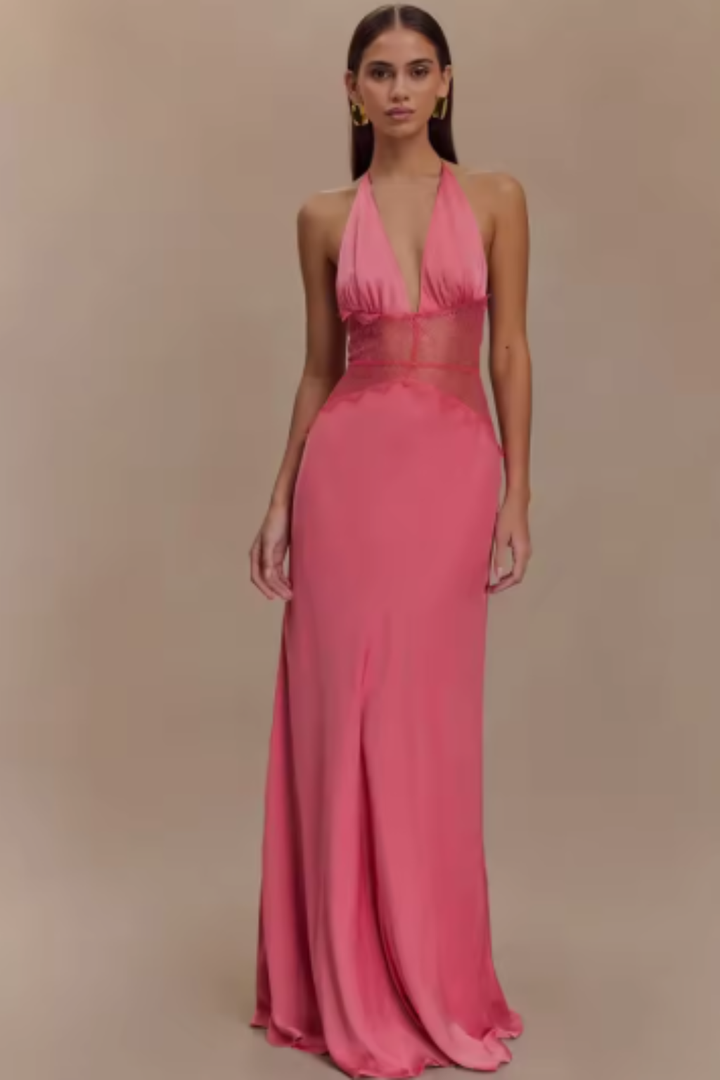 Chic women's blue halter neck backless dress, a beautiful long gown for parties and special occasions.