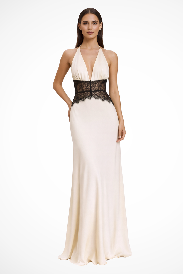 Pink elegant halter neck backless maxi dress, perfect for formal wear or an upscale evening event.