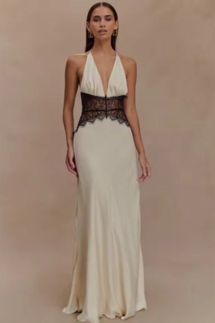 White formal halter neck backless maxi dress, a stylish and elegant choice for any special occasion.