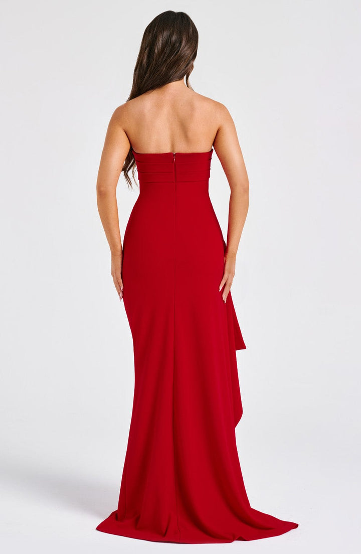 Versatile women's strapless maxi dress with high slit, perfect for any elegant evening event.