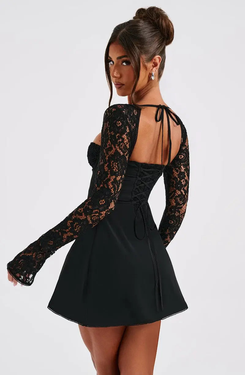 Flattering women's bodycon mini dress with a square neckline, elegant lace sleeves & adjustable corset back.