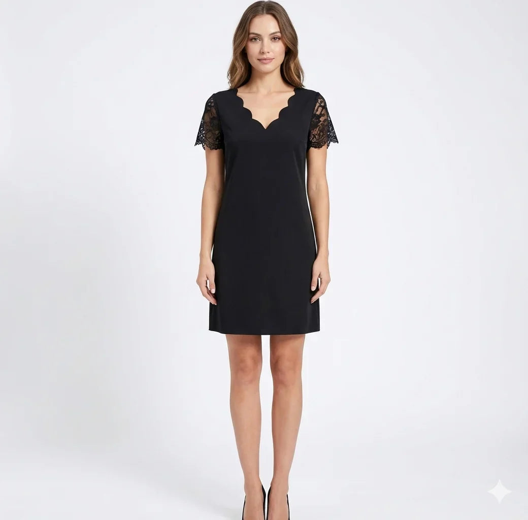Elegant women's black lace sleeve mini dress with a scalloped V-neck. Relaxed fit, perfect for evening wear.
