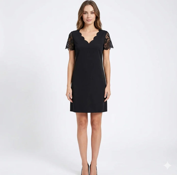 Elegant women's black lace sleeve mini dress with a scalloped V-neck. Relaxed fit, perfect for evening wear.
