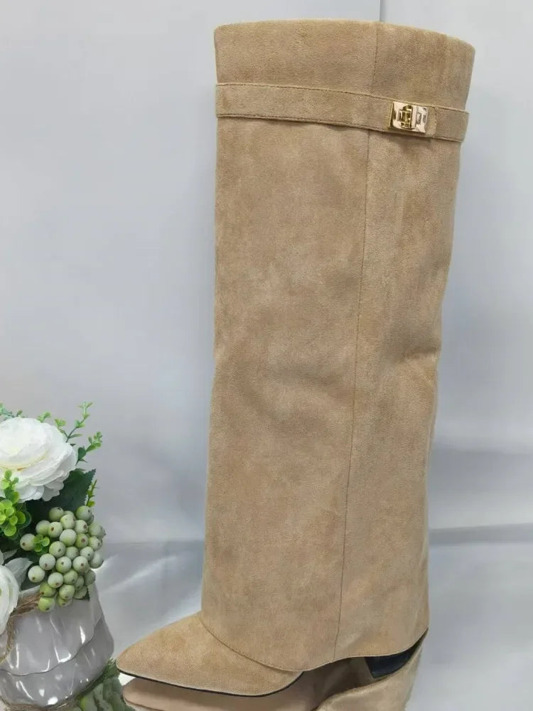 Elegant women's black leather thigh-high boots with side buckle accent, perfect for fall fashion.